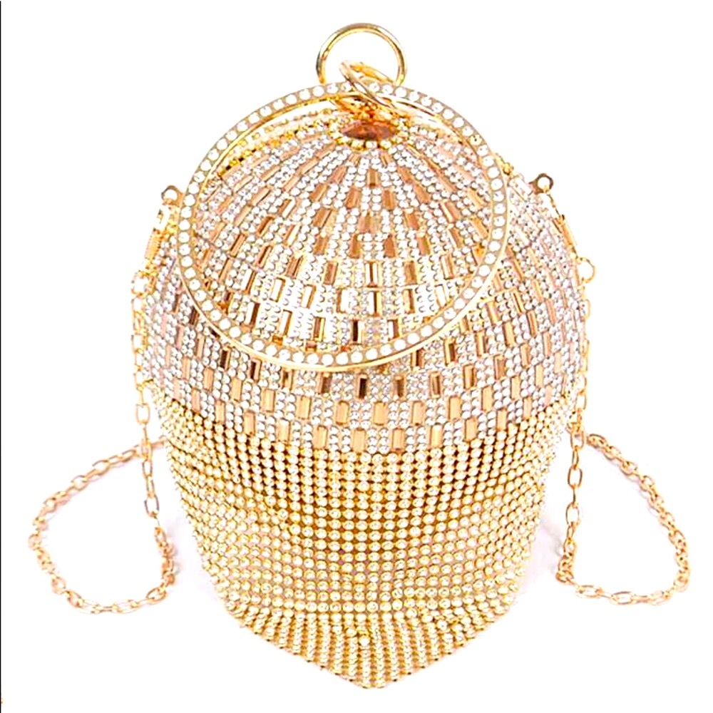 Gold Rhinestone  Fringe Sphere Evening Clutch Purse